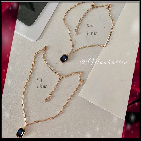 14k Gold Deep Ocean Blue Emerald Cut Crystal Minimalist Necklace - Picture 5 of 6